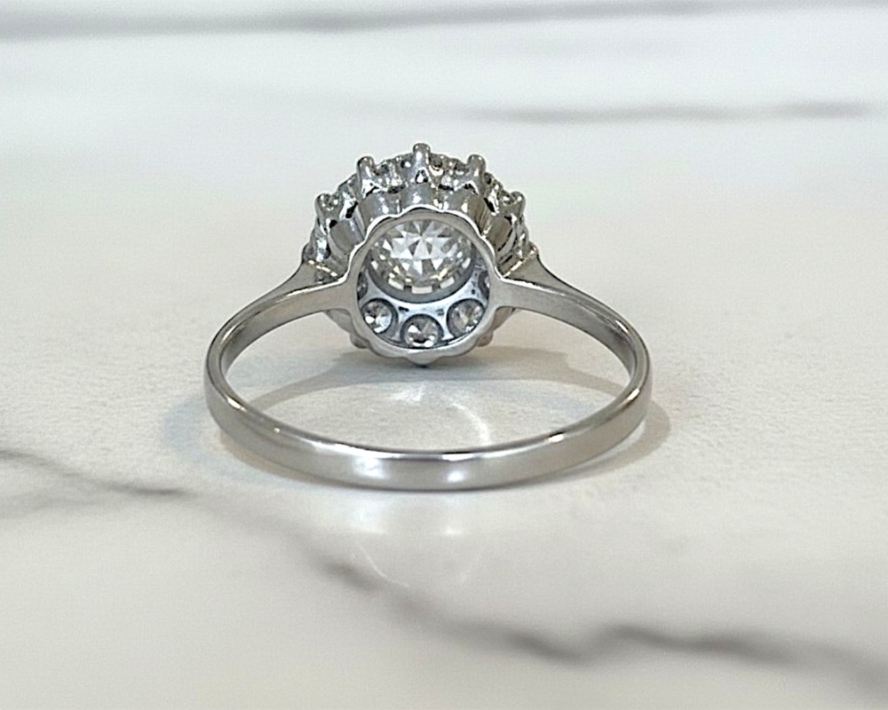 antique Edwardian old cut diamond cluster ring in 18ct white gold for sale in Leeds with approx 1.3ct diamond weight, showing rear profile of the ring