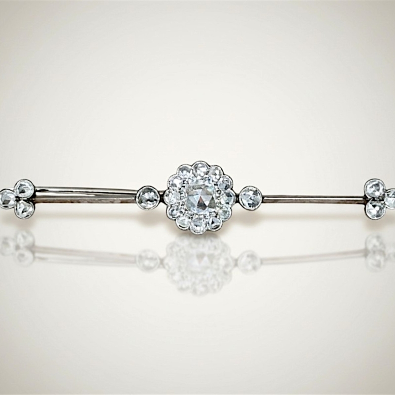 antique diamond bar brooch with rose cut diamonds in 18ct white gold and platinum for sale in Leeds, UK.