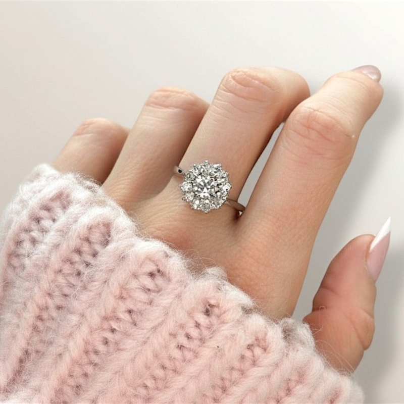antique Edwardian old cut diamond cluster ring in 18ct white gold for sale in Leeds with approx 1.3ct diamond weight on model's hand
