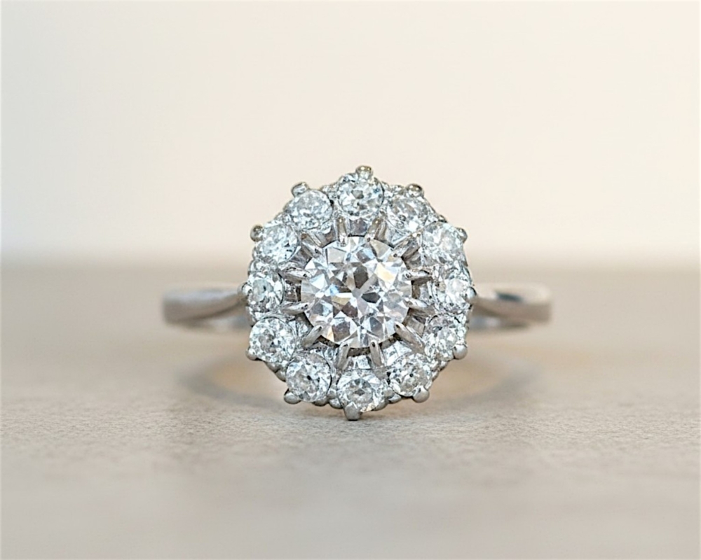 antique Edwardian old cut diamond cluster ring with approx 1.3ct in 18ct white gold for sale in Leeds