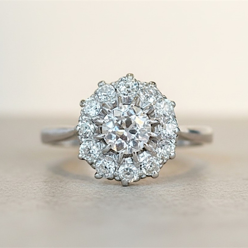 antique Edwardian old cut diamond cluster ring with approx 1.3ct in 18ct white gold for sale in Leeds