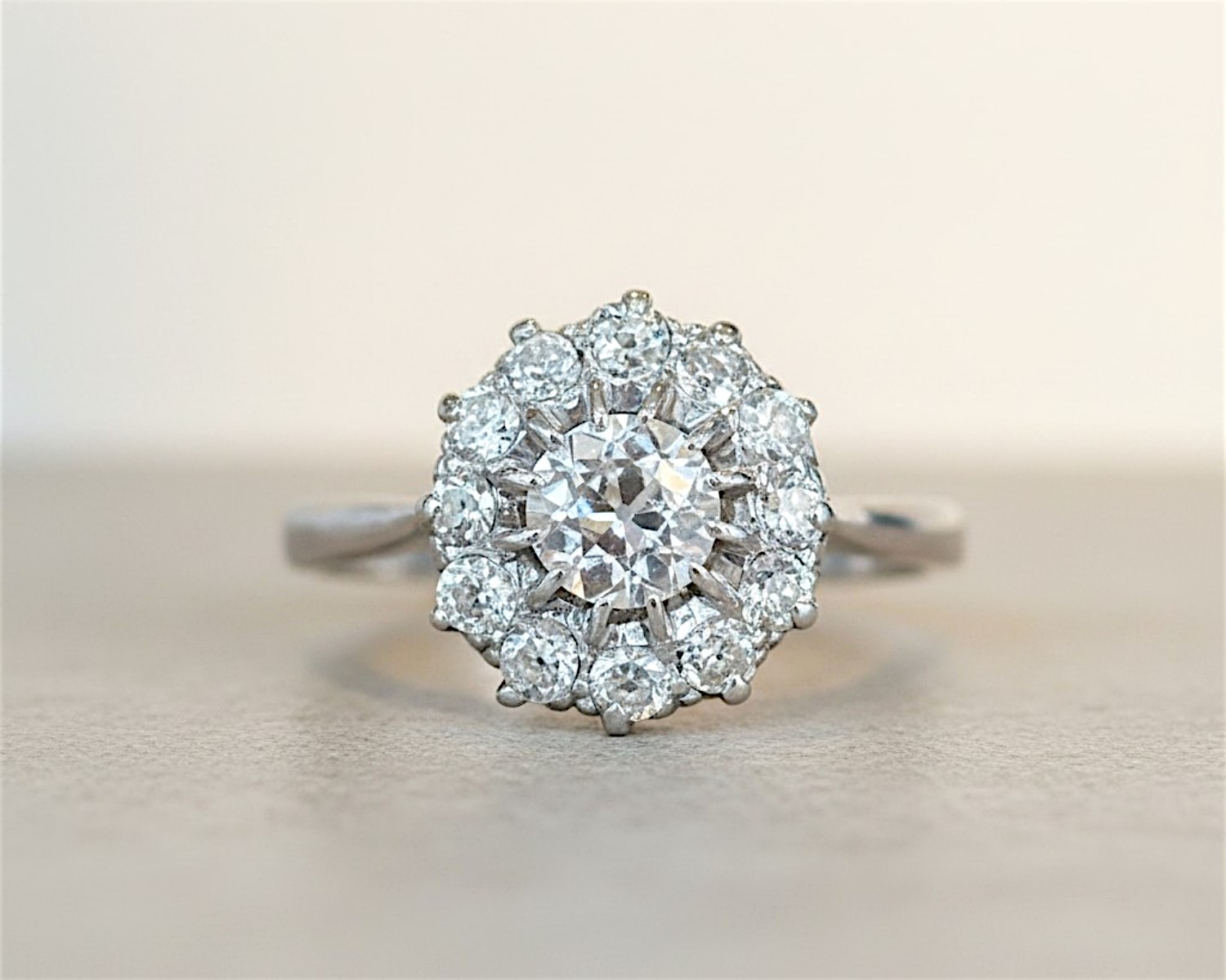 antique Edwardian old cut diamond cluster ring with approx 1.3ct in 18ct white gold for sale in Leeds