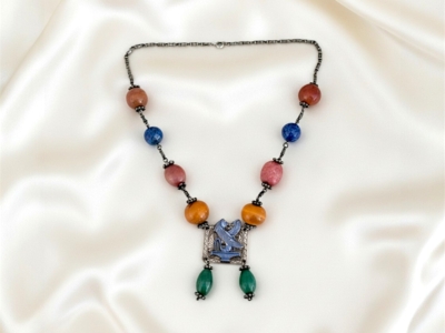 antique Egyptian Revival silver necklace with various agate stones for sale in Leeds