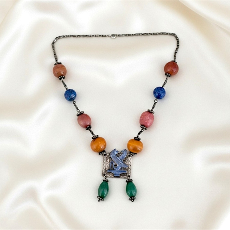 antique Egyptian Revival silver necklace with various agate stones for sale in Leeds