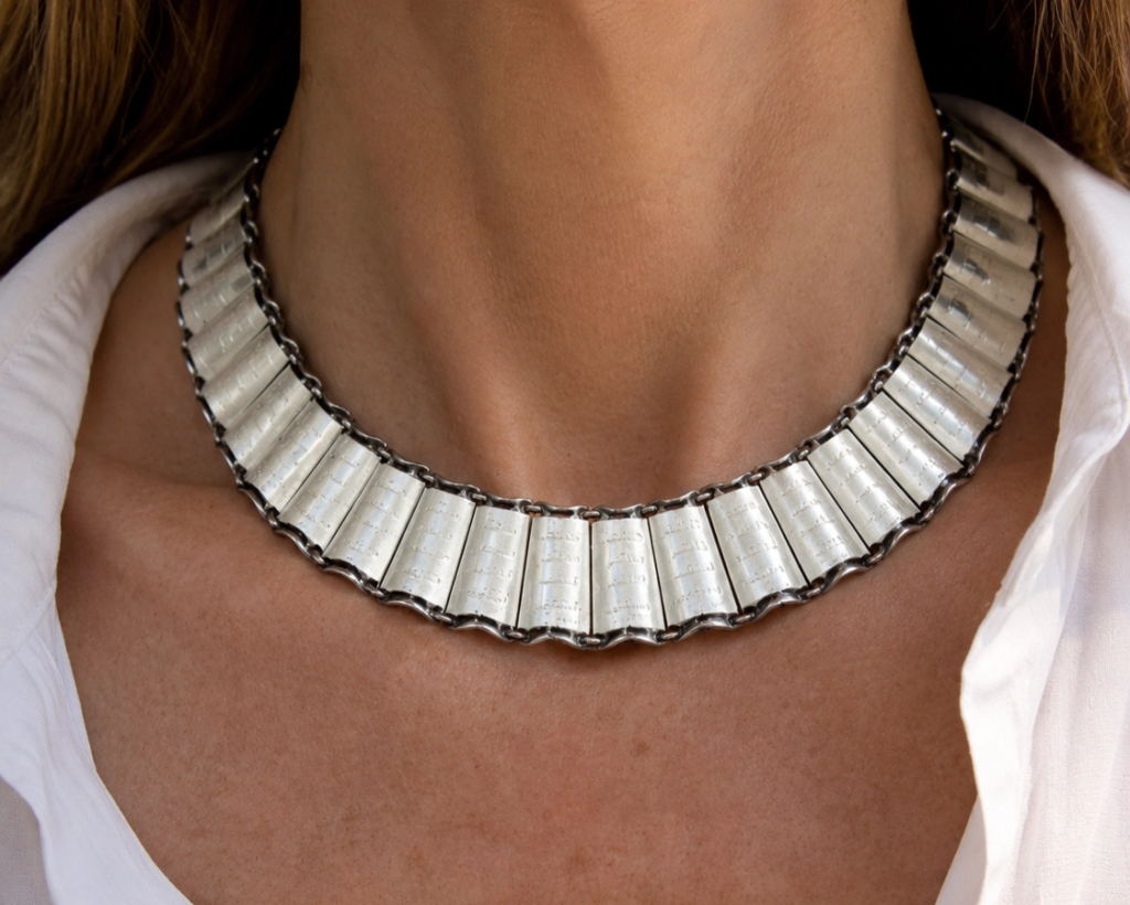 Norwegian Art deco silver and enamel choker on model