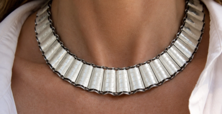 Norwegian Art deco silver and enamel choker on model