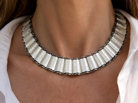 Norwegian Art deco silver and enamel choker on model