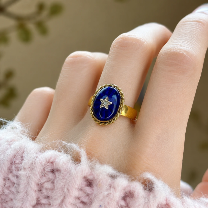 antique Victorian blue enamel and diamond ring in 22ct gold for sale in Leeds shown on model's hand