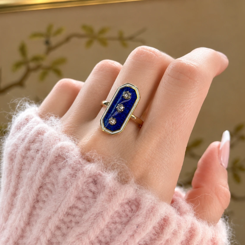 antique Victorian enamel and rose cut diamond panel ring ij 15ct gold for sale in Leeds shown on model