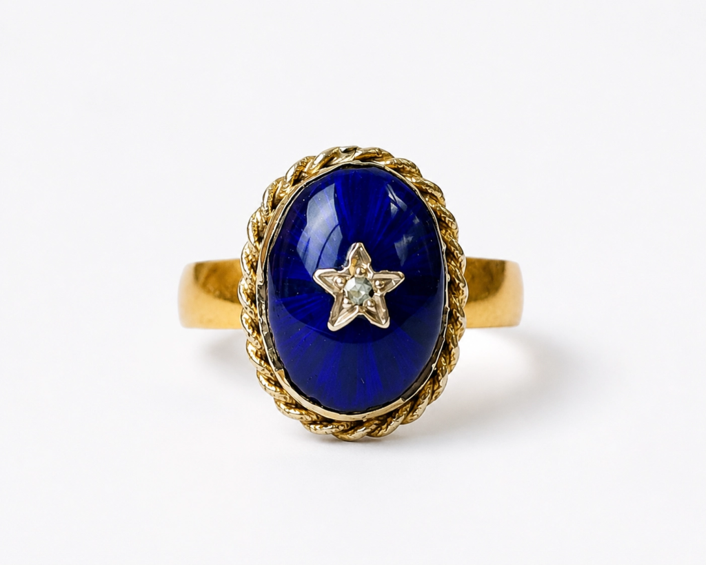 antique Victorian blue enamel and diamond ring in 22ct gold for sale in Leeds