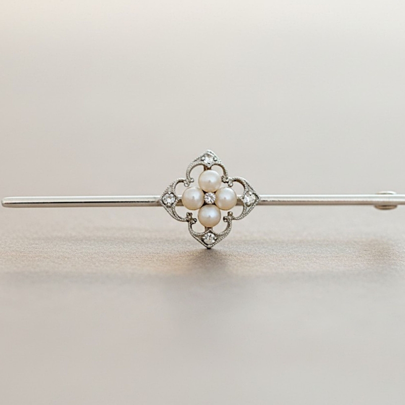 antique pearl and diamond brooch in 15ct yellow and white gold for sale in Leeds
