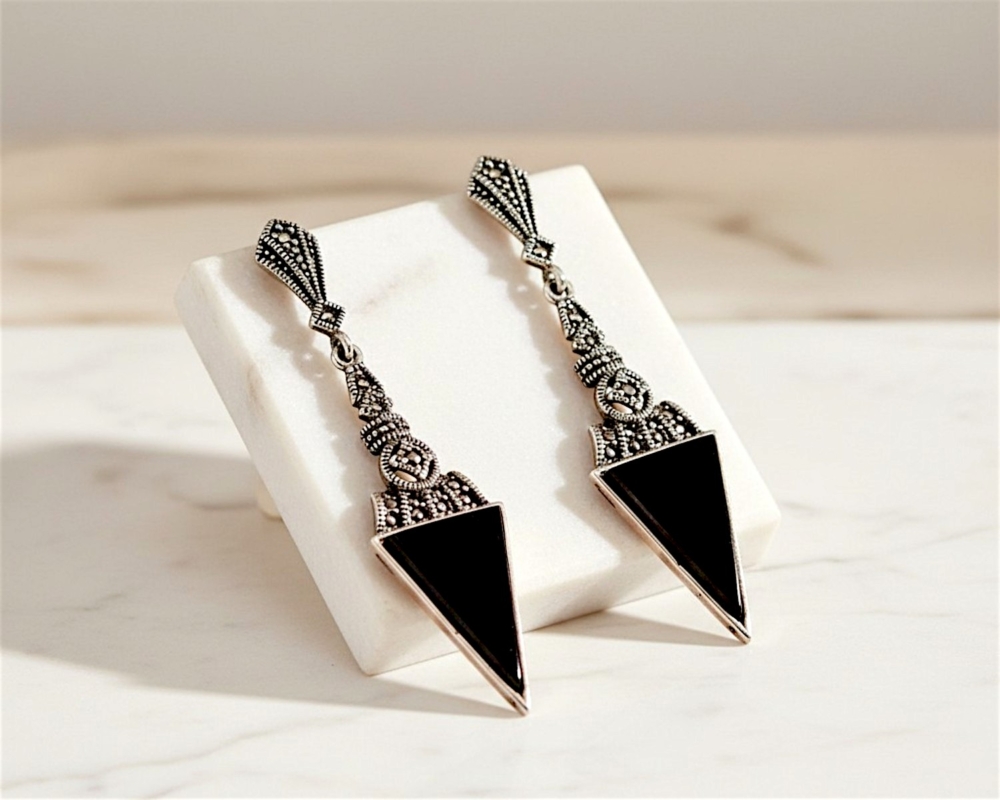 art deco style onyx statement earrings for pierced ears, set with silver and marcasite