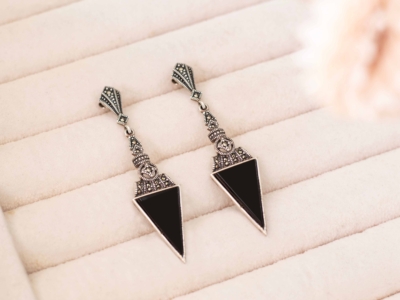 art deco style onyx statement earrings for pierced ears, set with silver and marcasite