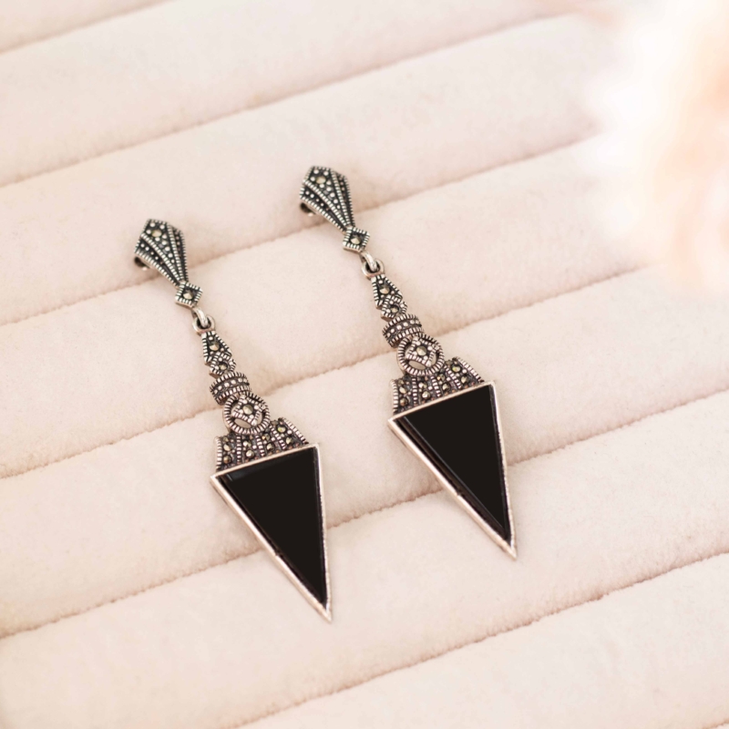 art deco style onyx statement earrings for pierced ears, set with silver and marcasite