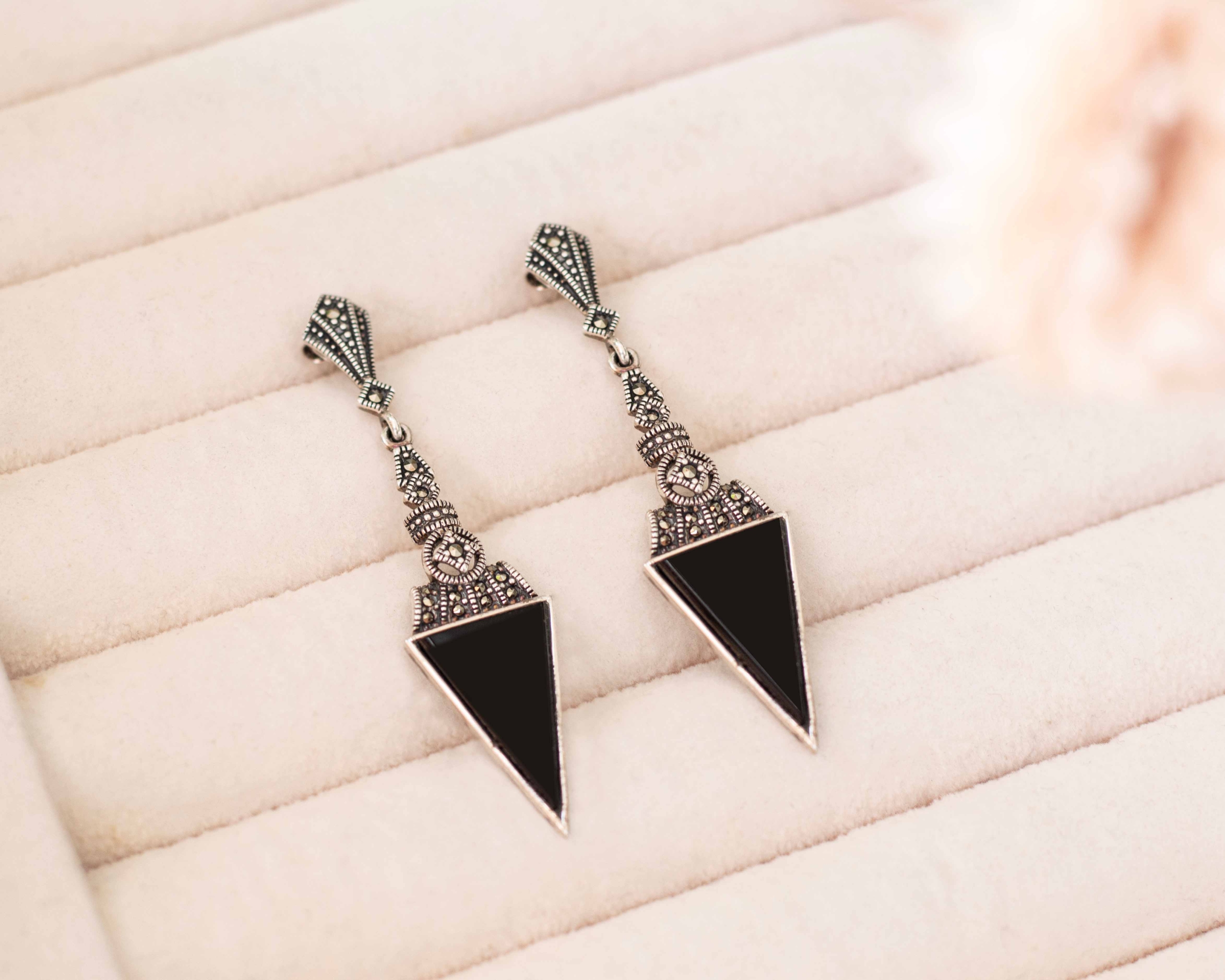 art deco style onyx statement earrings for pierced ears, set with silver and marcasite