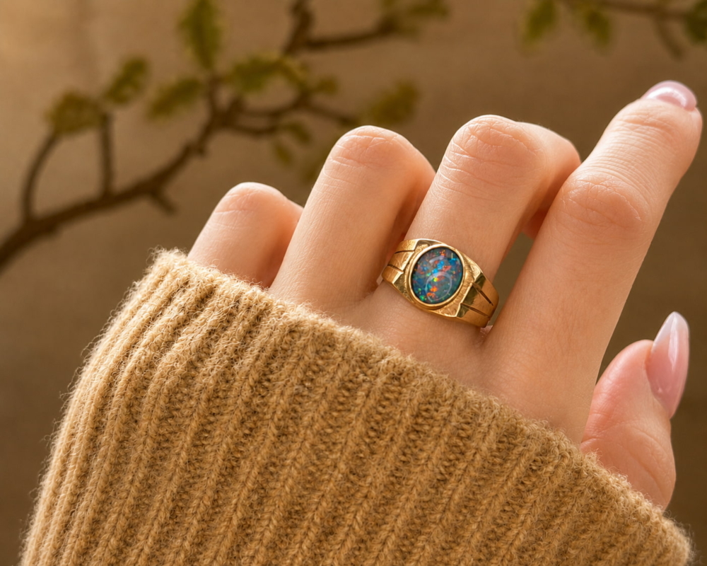antique 1930s opal signet ring for a man or a woman in 9ct gold for sale in Leeds shown on a model's hand