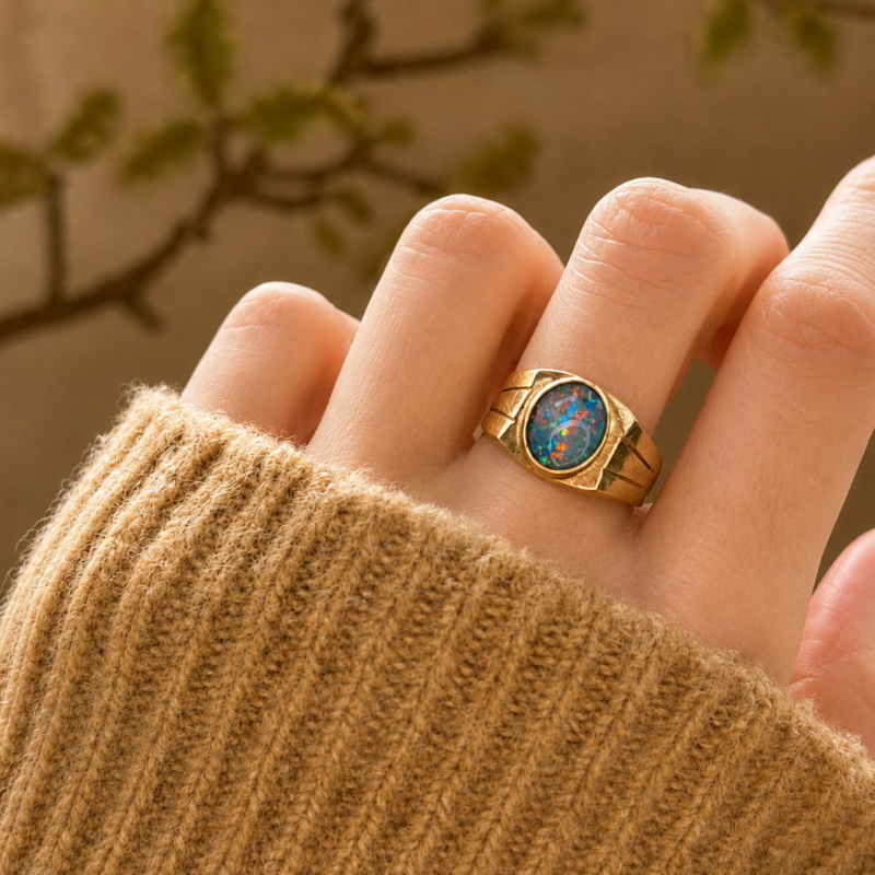 antique 1930s opal signet ring for a man or a woman in 9ct gold for sale in Leeds shown on a model's hand