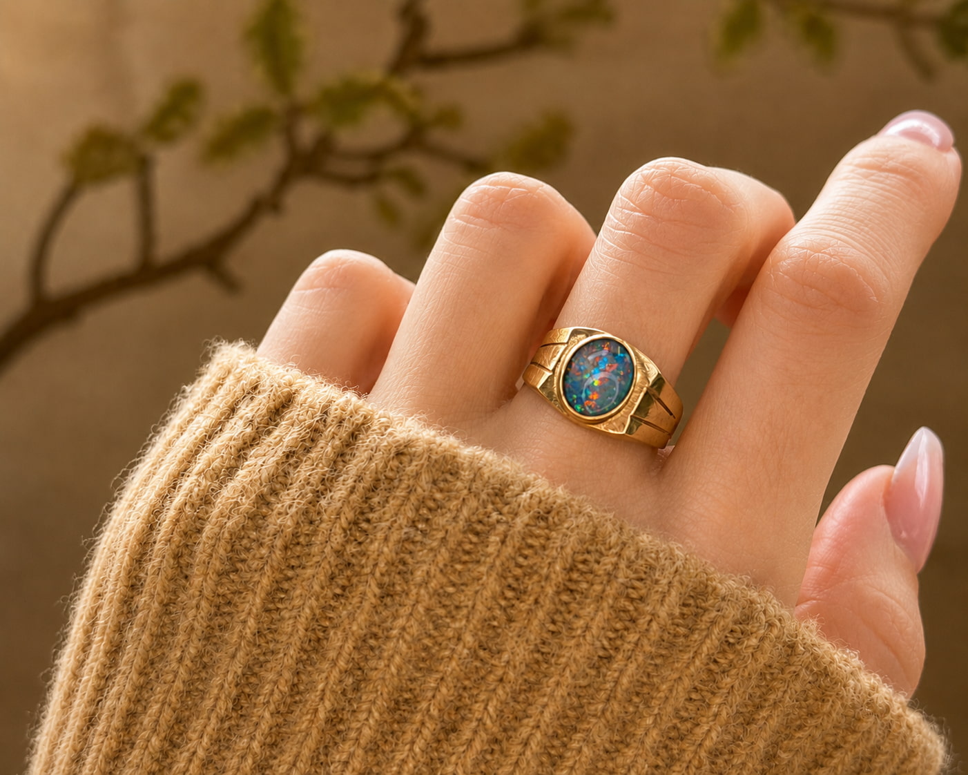 opal signet ring on hand