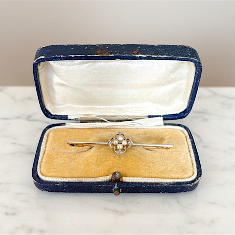 antique pearl and diamond brooch in 15ct yellow and white gold for sale in Leeds in antique box