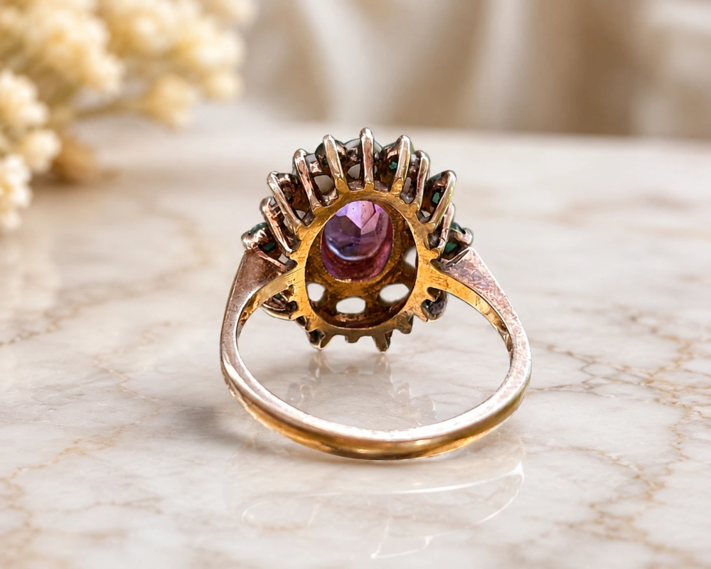 vintage amethyst, emerald and opal cluster ring in 9ct gold dated 1972. For sale in Leeds UK, showing back of the ring