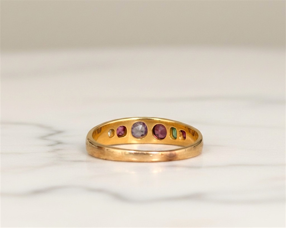 Antique Victorian Regard ring in 9ct gold for sale in Leeds, UK. Ruby, emerald, garnet, amethyst, diamond acrostic ring. Showing rear view of the ring