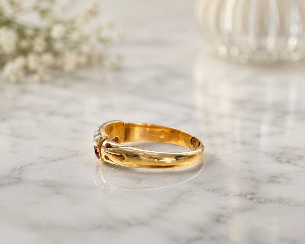 Victorian ruby and pearl ring in 18ct gold for sale in Leeds, showing side profile