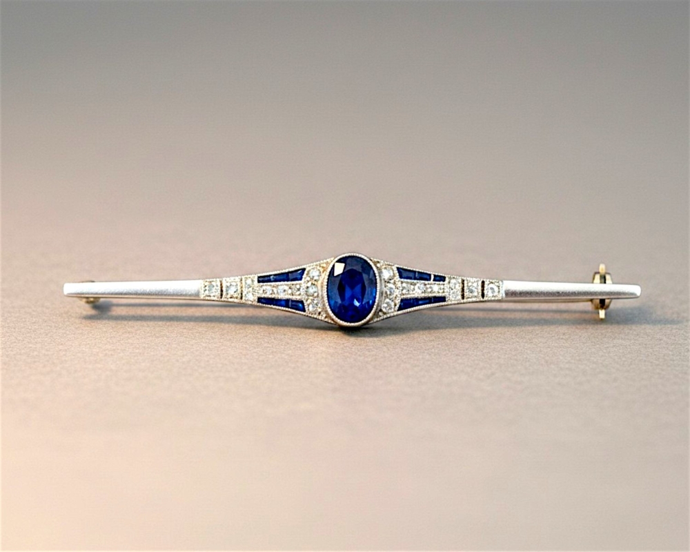 sapphire and diamond bar brooch Art Deco sapphire and diamond bar brooch in 14ct gold for sale in Leeds, UK