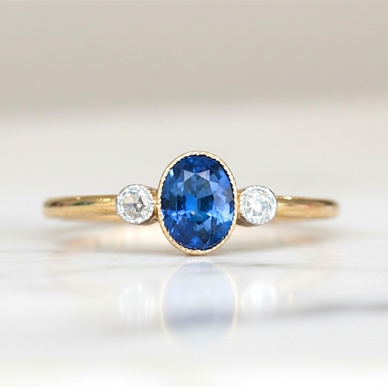 antique 1920s sapphire and diamond three stone ring in 18ct yellow gold for sale in Leeds UK