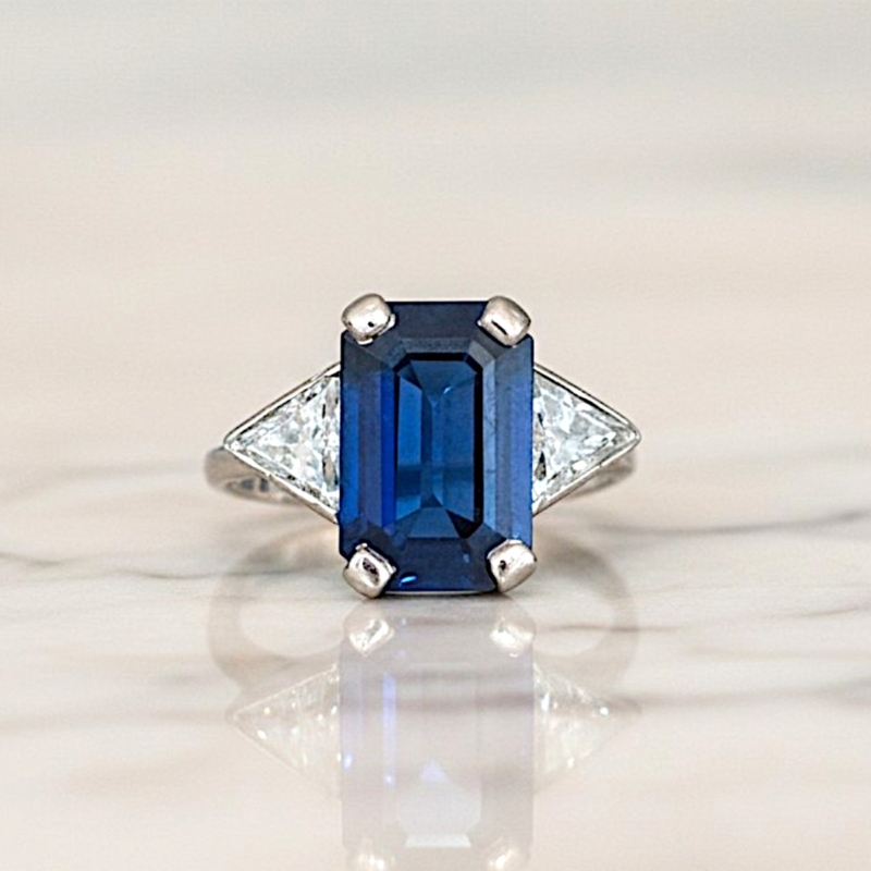 Art deco style sapphire and diamond ring with kite diamonds in 18ct white gold. Approx 5ct sapphire and 1ct diamond for sale in Leeds