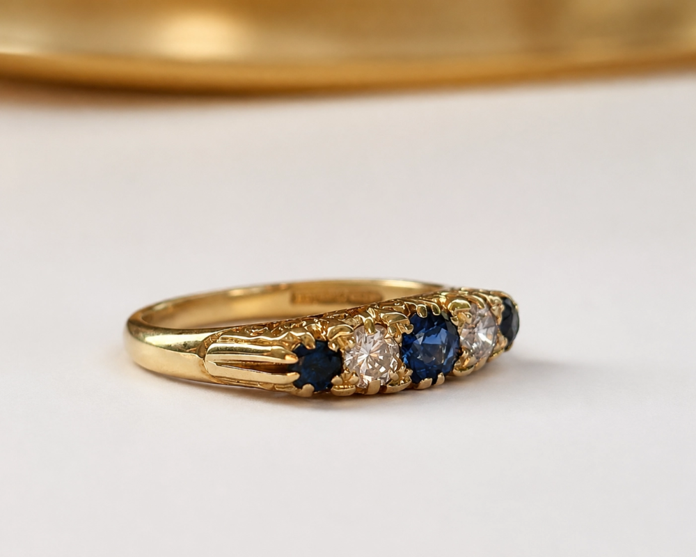 vintage sapphire and diamond five stone ring in 18ct yellow gold for sale in Leeds showing side profile of the ring