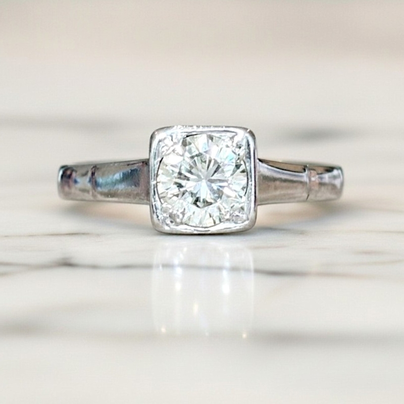 Art Deco 1930s diamond solitaire ring in an 18ct white gold square setting