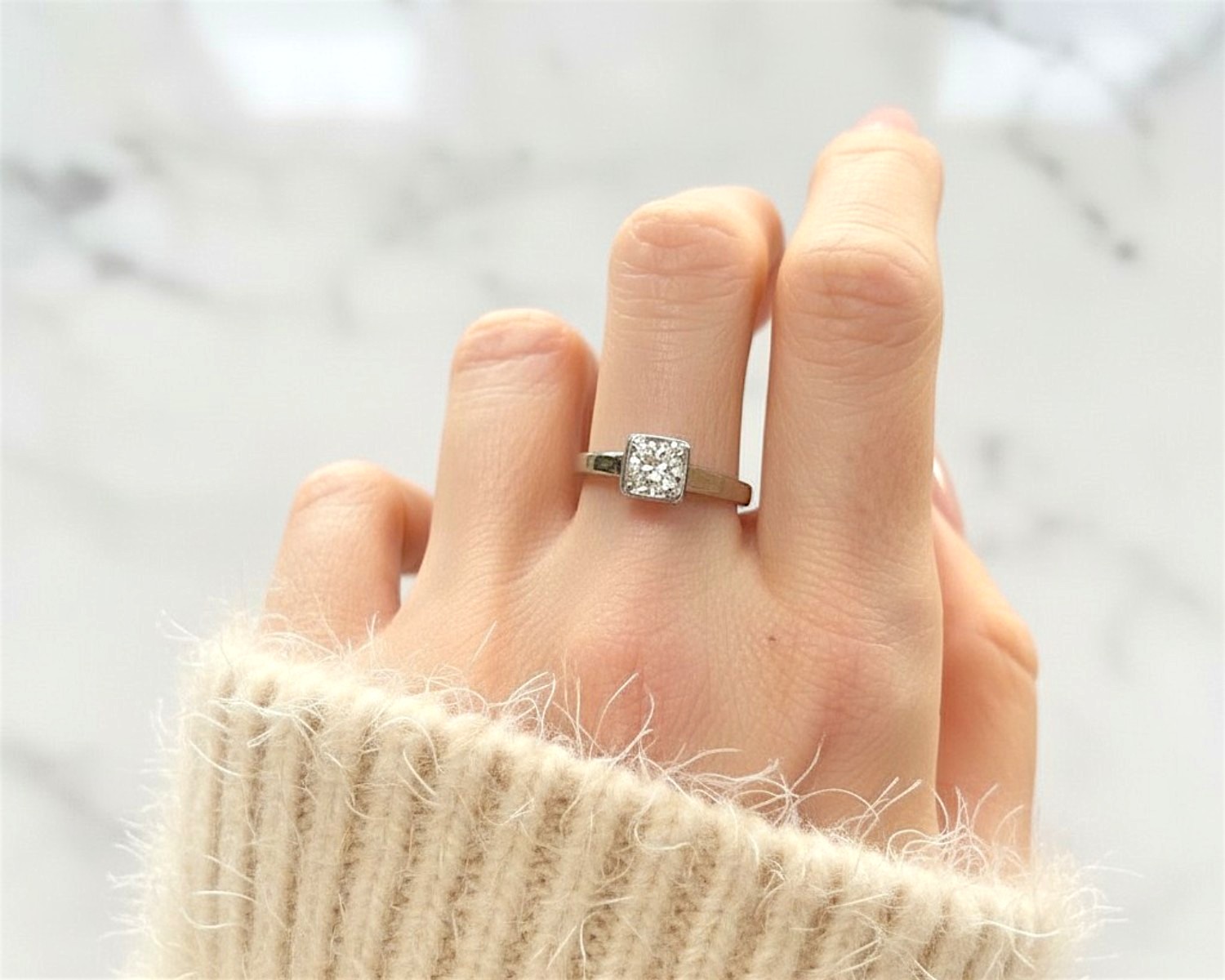 square set diamond ring on model