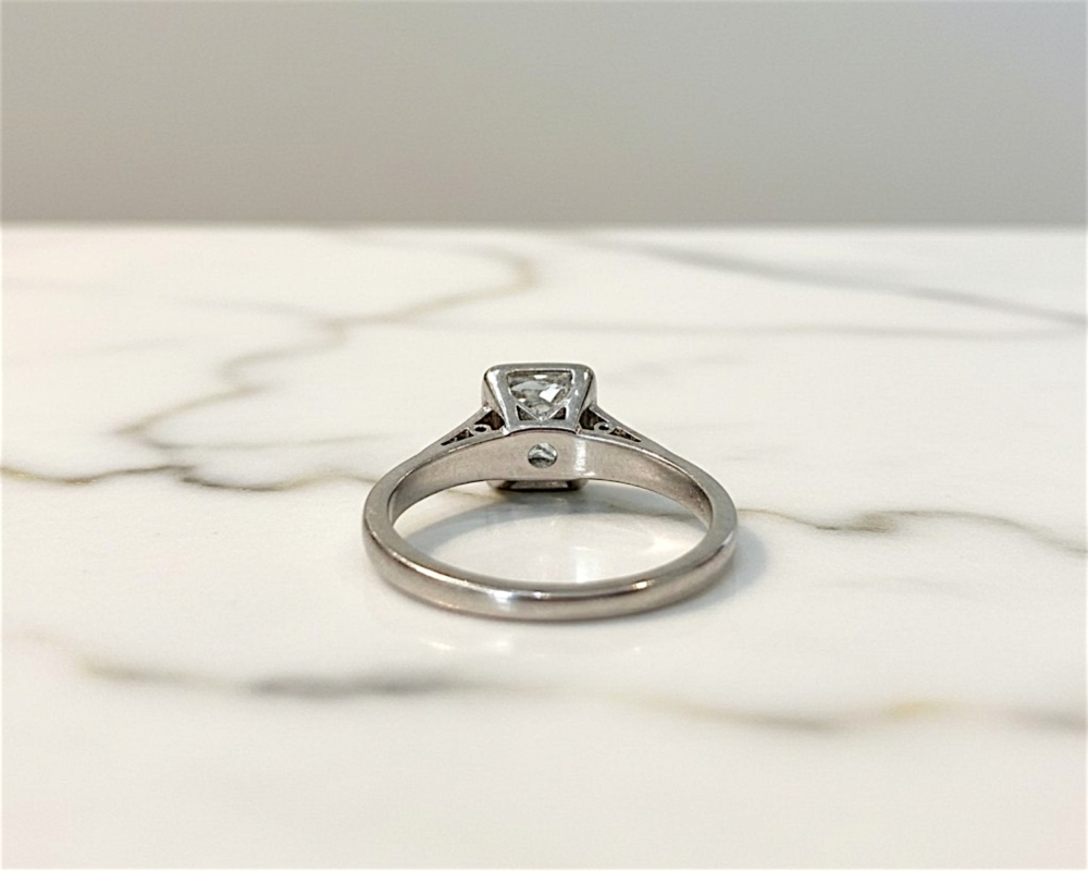 Art Deco 1930s diamond solitaire ring in an 18ct white gold setting with 0.75ct diamond for sale in Leeds, UK, showing rear view of the ring