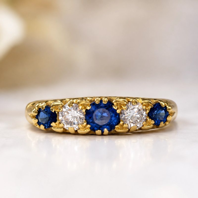 vintage sapphire and diamond five stone ring in 18ct yellow gold for sale in Leeds