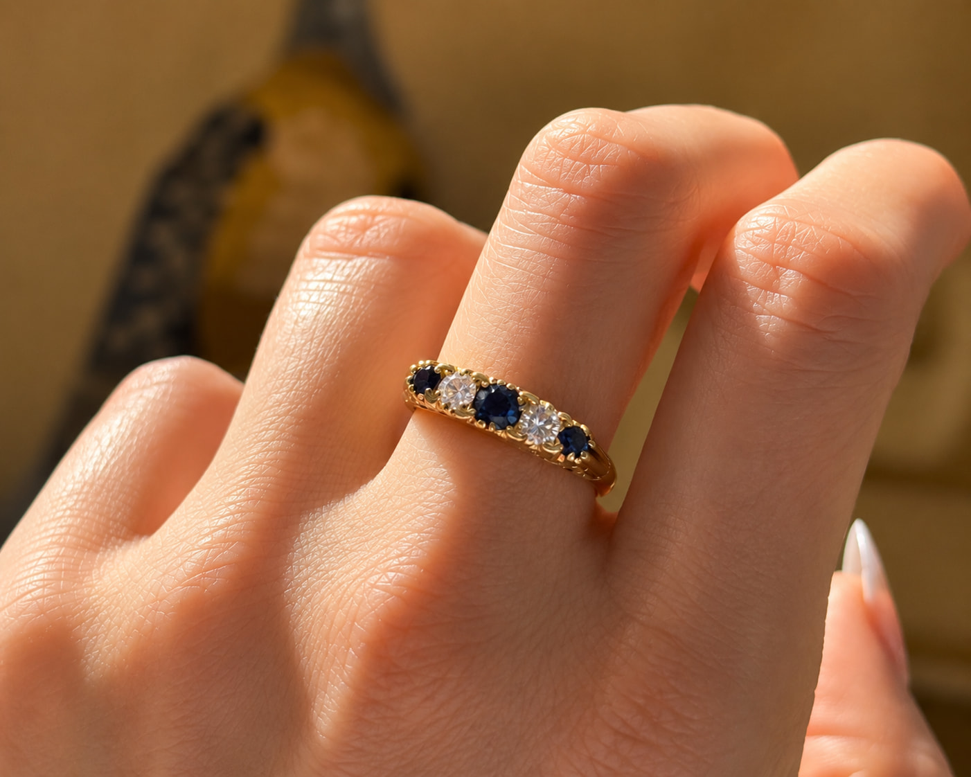 vintage sapphire ring on model
