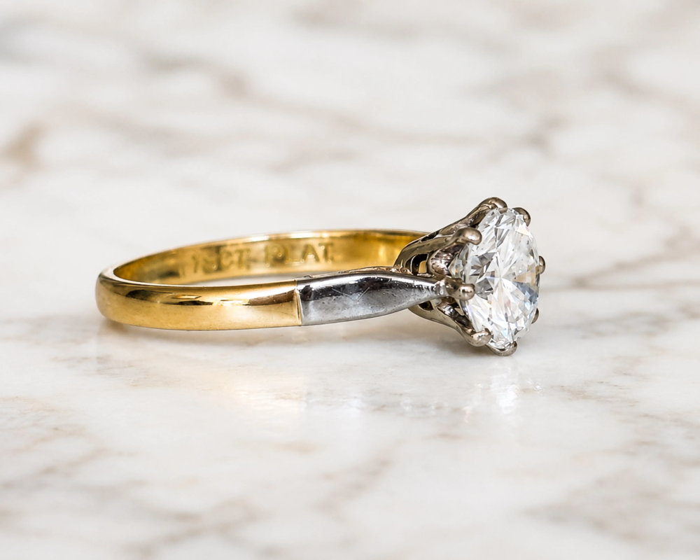 antique Art Deco 1.5ct diamond solitaire for sale in Leeds, showing side of the ring