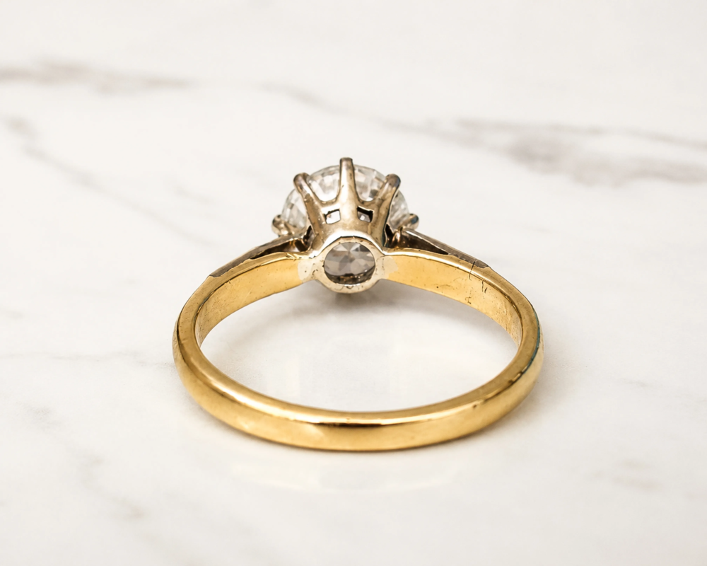 antique Art Deco 1.5ct diamond solitaire for sale in Leeds, showing rear of the ring