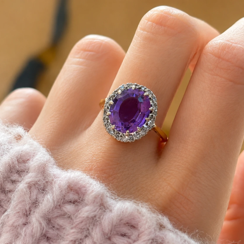 antique 1920s amethyst cluster ring in 18ct gold for sale in Leeds on hand