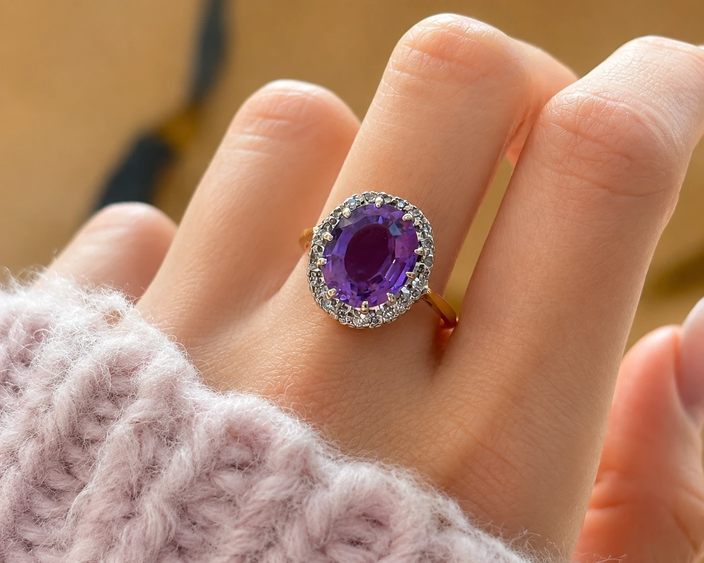 1920s amethyst cluster ring on model