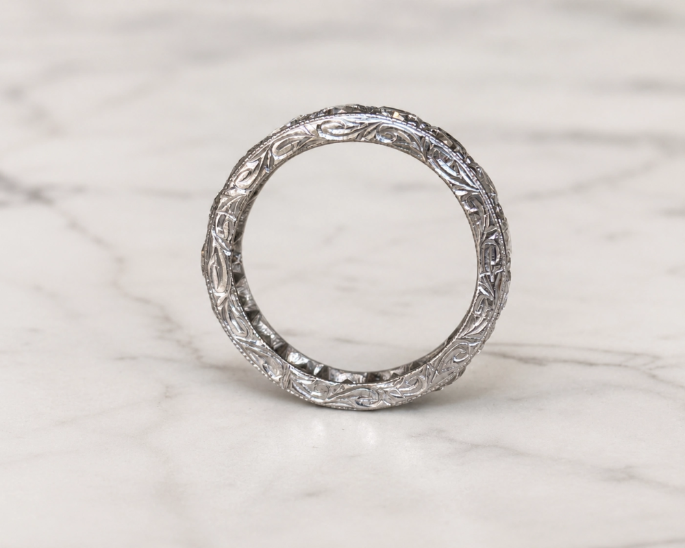antique Art Deco 3.5ct full diamond eternity ring in platinum for sale in Leeds, showing side of the ring