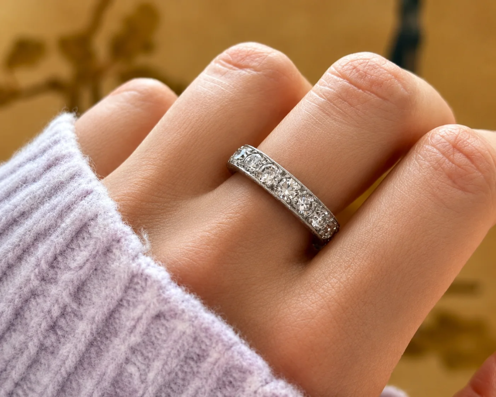antique Art Deco 3.5ct full diamond eternity ring in platinum for sale in Leeds shown on model's hand