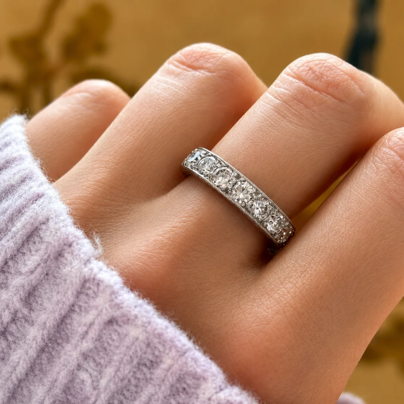 antique Art Deco 3.5ct full diamond eternity ring in platinum for sale in Leeds shown on model's hand