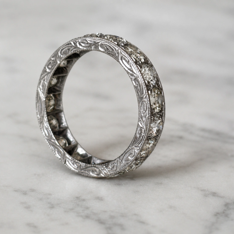 antique Art Deco 3.5ct full diamond eternity ring in platinum for sale in Leeds, showing side of the ring