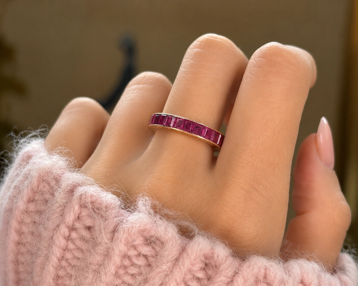 Art deco ruby full eternity ring on hnda