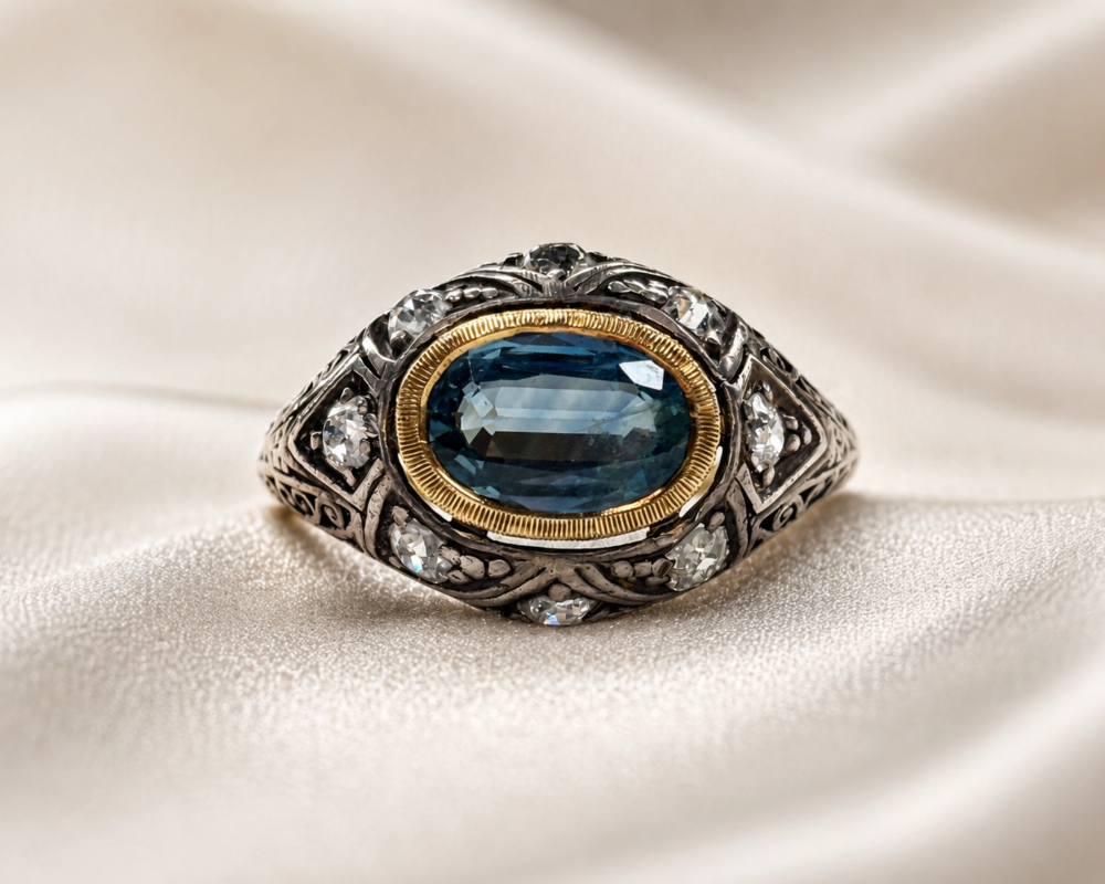 antique Edwardian chunky diamond ring with oval blue stone in 9ct gold for sale in leeds