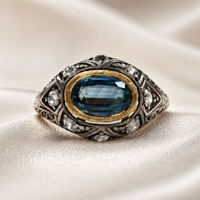 antique Edwardian chunky diamond ring with oval blue stone in 9ct gold for sale in leeds