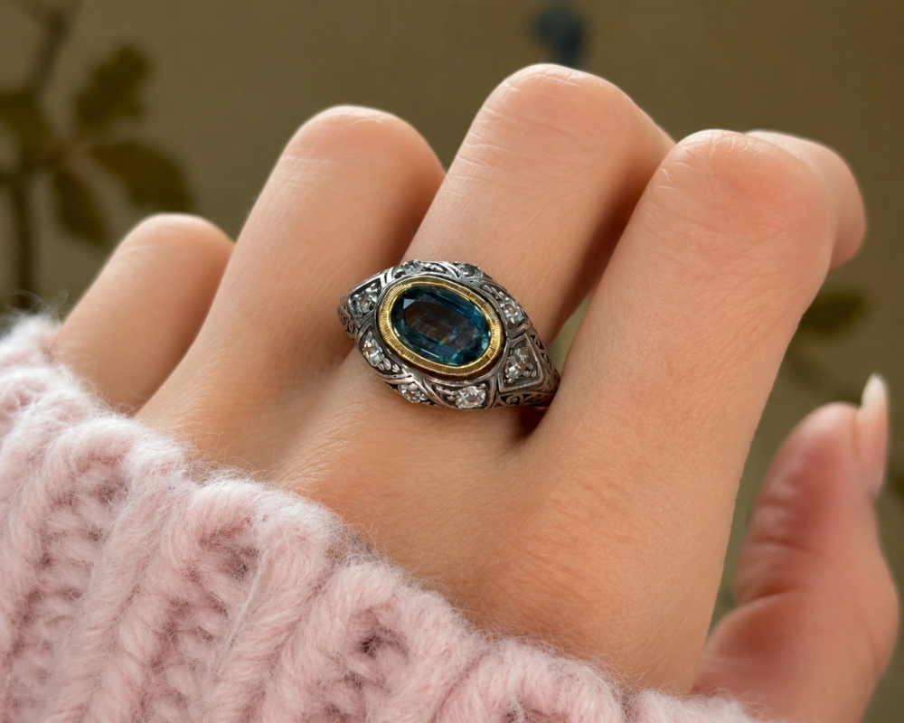 antique Edwardian chunky diamond ring with oval blue stone in 9ct gold for sale in leeds shown on hand