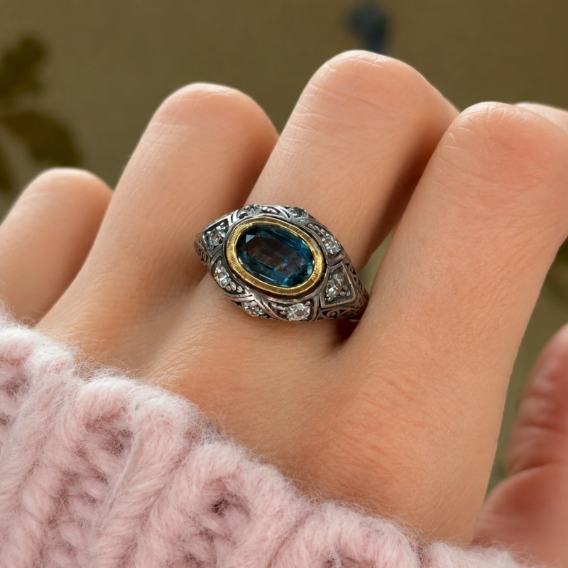 antique Edwardian chunky diamond ring with oval blue stone in 9ct gold for sale in leeds shown on hand
