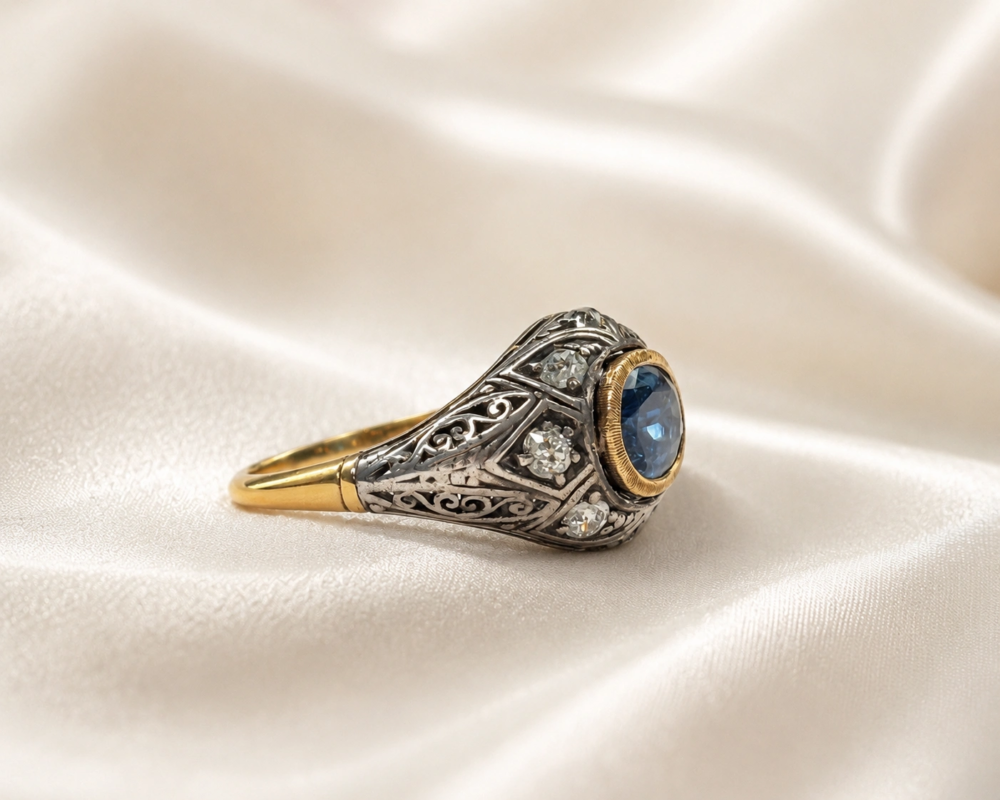 antique Edwardian chunky diamond ring with oval blue stone in 9ct gold for sale in leeds showing side profile