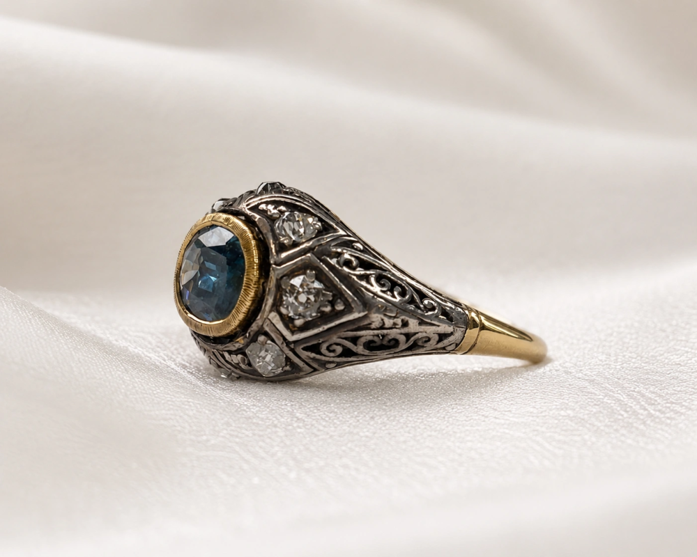 antique Edwardian chunky diamond ring with oval blue stone in 9ct gold for sale in leeds showing side profile